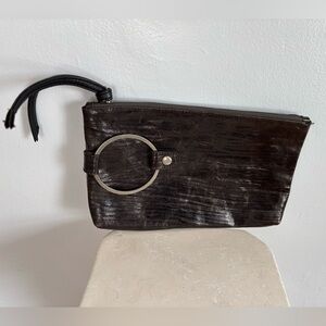 Kim White Black Leather Clutch Bag Made In USA With Large Metal Ring Y2K Edgy